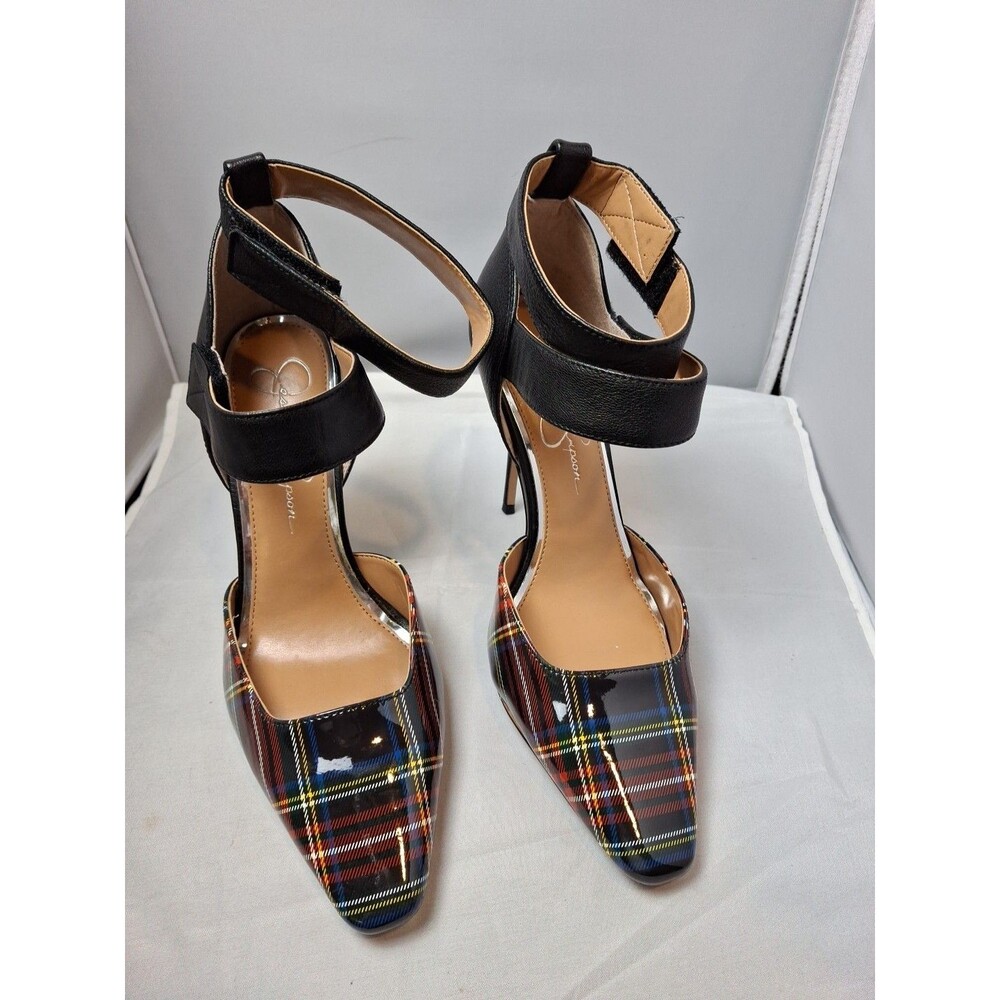 JESSICA SIMPSON Plaid Patent Pointed Toe Stiletto Heels Black Ankle Strap Sz 8.5